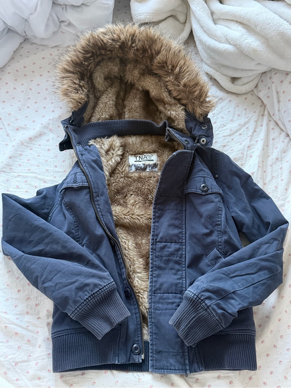 TNA Navy Bomber Jacket with Faux-Fur Hood